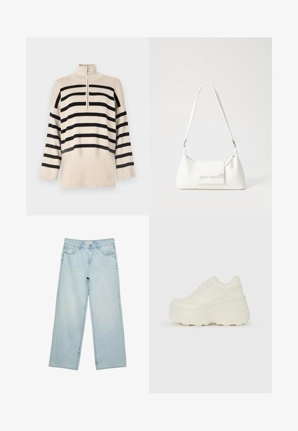 Maglione beige con righe orizzontali nere, colletto alto e chiusura a zip quarti. Realizzato in materiale a maglia con maniche ampie.; Jeans a gamba larga di un blu chiaro in denim, con vita alta, cinque tasche e un leggero sbiadimento. Taglio dritto con bordi orlati.; Sneakers bianchi con piattaforma, caratterizzati da una parte superiore simile alla pelle liscia, forma arrotondata, collo imbottito e suola in gomma testurizzata con scanalature ben definite.; Borsa sintetica bianca a forma triangolare, con patta anteriore piatta e dettaglio a fiocco, tracolla regolabile, texture liscia e design minimalista.