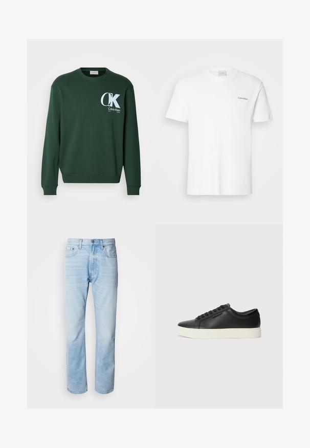 Green cotton sweatshirt with long sleeves, crew neck, and white Calvin Klein logo on the chest. Smooth texture and ribbed cuffs.; White cotton T-shirt with short sleeves and a crew neckline. Features a small black "Calvin Klein" logo on the left chest.; Light blue denim jeans with a straight leg cut, featuring faded sections, five-pocket design, and a classic button fly.; Black leather sneakers with perforated texture, round toe, and flat white rubber sole. Features black laces and a subtle logo on the side.