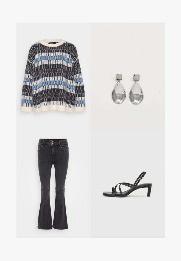 Vero Moda Petite VMTIFFANY O NECK - Camisola - birch/chocolate torte/allure; Calças de ganga pretas em corte flare, com cintura alta, fecho de botão duplo e bolsos frontais com um acabamento limpo.; Sandal de tiras pretas com biqueira quadrada e um pequeno salto bloco. Apresenta várias tiras finas e uma tira no tornozelo ajustável. Feito de couro liso.; Brincos de gota em prata com um pino quadrado, apresentando um acabamento liso e polido e uma forma de gota, refletindo a luz com uma superfície brilhante.