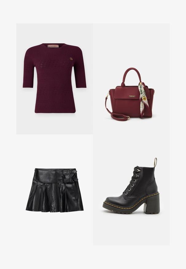 Bordo rebrasti pleteni top s kratkimi rokavi in okroglo izrezom. Vsebuje diskretne izreze ter zlato logo na levem prsnem delu.; Črna usnjena krilo s gubami, širokim pasom in dvema zaponkama na strani. Gladka tekstura s sijajno obdelavo.; Črne usnjene gležnarske škornje z masivnim visokim petami, vezanjem spredaj, kovinskimi luknjicami in rumenim šivom ob podplatu. Teksturiran gumijast podplat.; Burgundska torbica iz sintetičnega materiala z strukturirano zasnovo, opremljena z odstranljivim pasom in cvetličnim šalom, privezanim na ročaju.
