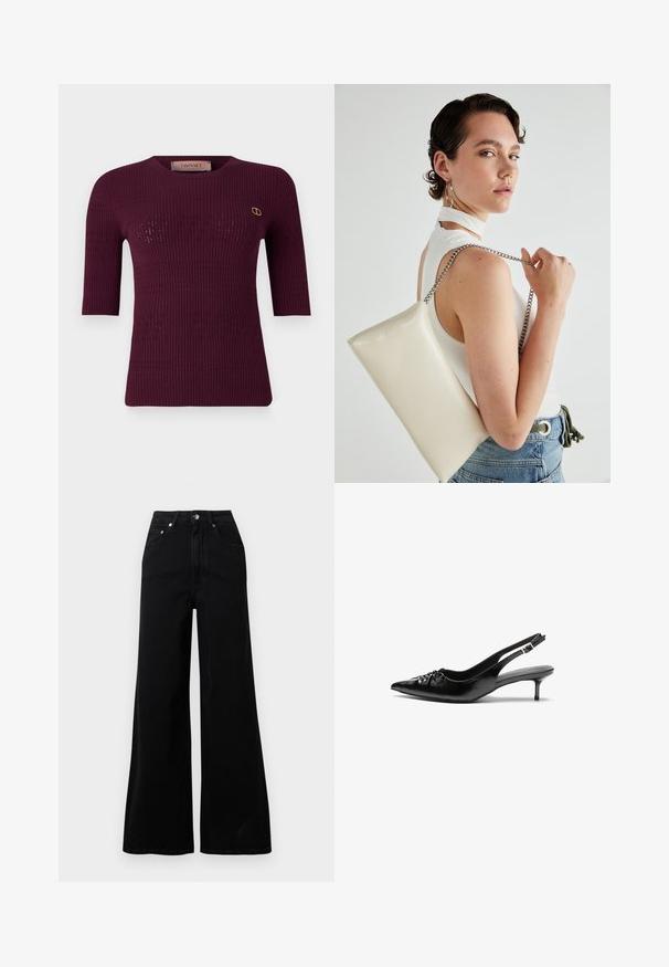 Burgundin värinen ribbiknitti toppi, jossa on lyhyet hihat ja pyöreä kaula-aukko. Korostaa hienovaraisia leikkauksia ja kultaisia logoja vasemmassa rinnassa.; Musta leveälahkeiset farkut, valmistettu denimistä, joissa on korkeavyötärö, viisi taskua, edessä nappikiinnitys ja vähäiset ompeludetaljit.; Mustat nahkaiset slingback-korkokengät, joissa on terävä kärki, matala kissakorko ja kerätty yksityiskohta päällisessä. Sileä pinta ja minimalistinen muotoilu.; Valkoinen suorakulmainen clutch-laukku, joka on valmistettu kiiltävästä materiaalista ja jossa on hopeinen ketjuolkahihna. Malli poseeraa laukku käsivarsillaan yksinkertaista taustaa vasten.