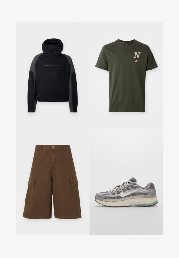 Sudadera Nike Tech en negro y gris oscuro con cuello alto y mangas largas, con paneles de tela texturizada en los hombros y brazos.; Camiseta de algodón verde oliva de manga corta, que presenta un gran logo "N" estampado en beige y un pequeño swoosh de Nike en rosa en el pecho.; Pantalones cortos cargo marrones con corte recto, dos bolsillos laterales y cierre de botón frontal. Fabricados en un duradero tejido de algodón con acabado mate.; Zapatilla deportiva gris con parte superior de malla y ante, acentos blancos, suela acolchada y un diseño distintivo con elementos reflectantes.
