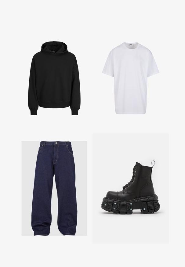 Felpa nera con cappuccio realizzata in tessuto morbido, dotata di cappuccio con cordino, maniche lunghe e polsini e fondo a costine. Design semplice senza motivi.; Maglietta bianca in cotone con maniche corte, scollatura rotonda, vestibilità comoda e senza loghi o motivi visibili. Texture liscia e design minimale.; Jeans di denim blu scuro con vestibilità rilassata, dotati di chiusura con bottone, cinque tasche e cuciture a contrasto lungo le cuciture.; Stivali da combattimento neri in pelle con gambale alto, chiusura con lacci, suola in gomma spessa e dettagli in metallo alla base della suola.