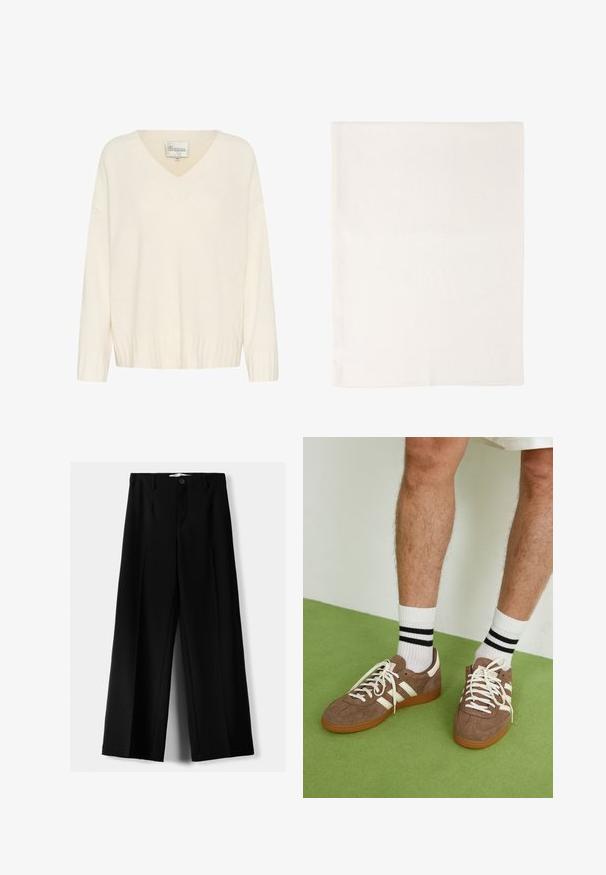 Pull en tricot couleur crème avec un col en V, des poignets et un ourlet côtelés, et une coupe ample. L'étiquette indique "Mon Garde-robe Essentiel", taille M.; Pantalons larges noirs en tissu léger, avec une fermeture à bouton à l'avant et un devant plat, dotés d'ourlets soigneusement cousus.; Baskets en daim marron avec des accents et des lacets blancs. Semelle en caoutchouc gomme. Portées avec des chaussettes blanches à rayures noires. Sol texturé vert.; Tissu rectangulaire de couleur crème doux, plié soigneusement avec une texture subtile visible et une fine couture le long des bords.; Sac à main en cuir marron avec un design structuré, des accents en métal doré et un rabat décoratif. Comprend une bandoulière amovible.