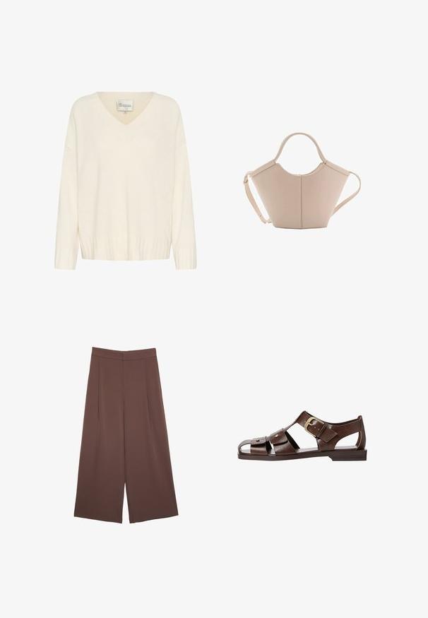 Cremfarbener Strickpullover mit V-Ausschnitt, gerippten Bündchen und Saum sowie lockerer Passform. Das Etikett trägt die Aufschrift "Meine essentielle Garderobe", Größe M.; Braune Weite-Leg-Hosen mit einer glatten Textur, hoher Taille und Vorderfalten. Der Stoff ist leicht und fällt locker.; Braune Leder-Sandale mit ausgeschnittenem Design, verstellbarem seitlichem Riemenverschluss und flacher Sohle, mit Metallakzenten und offenem Zehenbereich.; Beige Lederhandtasche mit einer einzigartigen Form, die zwei kurze Henkel und einen langen verstellbaren Riemen aufweist. Glatte Textur mit minimalen Hardware-Elementen.