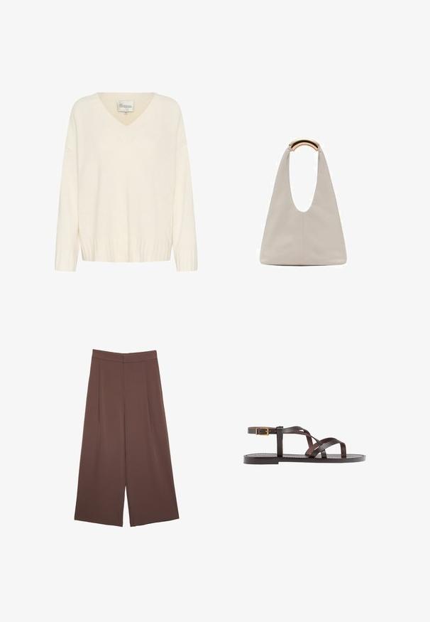 Krémový pletený sveter s výstrihom do V, s rebrovanými manžetami a lemom, vo voľnom strihu. Na štítku je nápis "Moje základné oblečenie," veľkosť M.; Hnedé nohavice so širokými nohavicami a hladkou textúrou, s vysokým pásom a prednými skladmi. Tkanina je ľahká a voľne sa pohybuje.; Hnedé kožené sandály s krížovými popruhmi, uzatváraním na pracku okolo členku a plochou podrážkou s minimálnymi ševmi.; Svetlosivá kožená taška s U-tvarom a zakrivenou kovovou rukoväťou. Hladký povrch s minimálnym prešívaním a bez viditeľných vzorov.