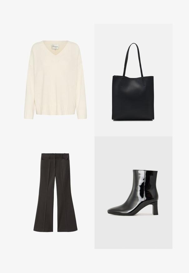 Kremno obarvana pletena jopica z V-izrezom, rebrastimi manšeti in robom ter ohlapnim krojem. Na etiketi piše "Moja osnovna garderoba," velikost M.; Črne razširjene hlače z visokim pasom; vključujejo dva sprednja žepa in gladko teksturo tkanine. Primerne za različne priložnosti.; Črne lakirane gležnjarje z ošiljenim nosom in srednje visokim blokastim peto. Gladka tekstura in minimalističen dizajn.; Črna usnjena torba s svilnato teksturo, pravokotne oblike in dvema dolgima ročajema. Brez vidnih metalnih delov ali okrasnih elementov.
