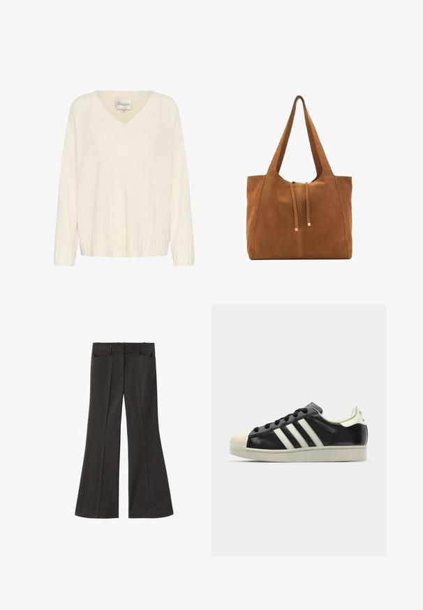 Cream-colored knitted sweater with a V-neck, ribbed cuffs and hem, and loose fit. Label reads "My Essential Wardrobe," size M.; Black flared trousers with a high waist; features two front pockets and a smooth fabric texture. Suitable for various occasions.; Black leather sneaker with white stripes, rubber toe cap, black laces, and a cream-colored outsole. Smooth texture with shiny finish.; Brown suede tote bag with two long straps, drawstring closure, and minimalistic design. Smooth texture and no visible hardware accents.