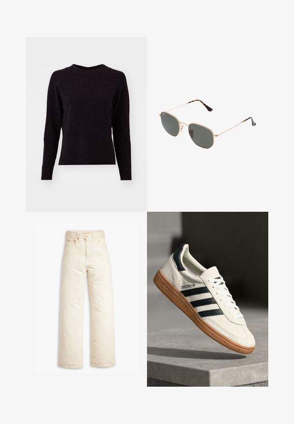 Tummanharmaa neulepaita, jossa on pitkät hihat, pyöreä pääntie ja ribattu helma. Pehmeä rakenne, yksinkertainen muotoilu ja ei näkyviä kuvioita tai yksityiskohtia.; Beige levejä farkkuja, jotka on valmistettu puuvilladenimistä. Ominaisuuksiin kuuluvat korkea vyötärö, nappikiinnitys ja viiden taskun malli. Sileä ja kestävä rakenne.; Valkoinen nahan näköinen sneaker, jossa on tummansinisiä raitoja, kuminen pohja, teksturoitu yläosa, pyöreä kärki ja nauhoitus; sisältää brändäystä sivussa ja kielekkeessä.; Kultaa metallikehyksiset aurinkolasit tummanvihreillä linsseillä, pilottilaatuinen tyyli, jossa on kapeat varret ja kilpikonnakuosiset korostukset päissä.; Mustat tikatut tekonahkakassit, joissa on ketjuolkahihna, kuusikulmainen kuvio ja koristeellinen siipiyksitys etupuolella.