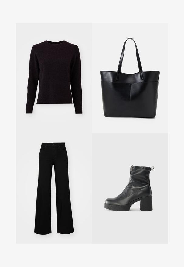 Pulover tricotat de culoare gri închis, cu mâneci lungi, decolteu rotund și tiv cu benzi. Textură moale, design simplu și fără modele sau detalii vizibile.; Pantaloni negri cu picioare largi, din denim, cu un brau structurat, bucle pentru curea și buzunare frontale. Textură netedă, cu un design clasic.; Bocanci negri de glezna din piele netedă, cu fermoar lateral, toc texturat și masiv, și design cu vârf rotund.; Geantă oversized din piele neagră, cu două mânere lungi, de textură netedă și formă structurată. Are un buzunar frontal pentru stocare suplimentară.