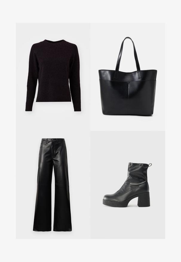 Dunkelgrauer Strickpullover mit langen Ärmeln, Rundhalsausschnitt und geripptem Saum. Weiche Textur, schlichtes Design und keine sichtbaren Muster oder Details.; Schwarze leichte, weit geschnittene, hochtaillierte Kunstlederhose mit vorderem Knopf, Reißverschluss, Gürtelschlaufen und Seitentaschen auf weißem Hintergrund.; Schwarze Stiefeletten aus glattem Leder mit seitlichem Reißverschluss, klobigem strukturiertem Absatz und runder Zehenform.; Schwarze Leder-Shopper-Tasche mit zwei langen Griffen, einer glatten Textur und einer strukturierten Form. Verfügt über eine Vordertasche für zusätzlichen Stauraum.