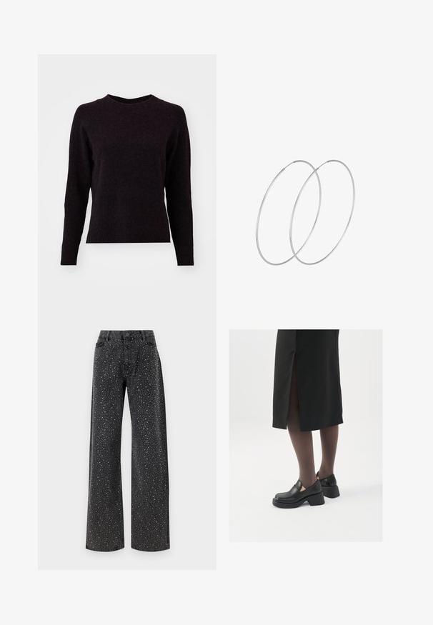 Tmavošedý pletený sveter s dlhými rukávmi, okrúhlym výstrihom a rebrovaným lemom. Mäkka textúra, jednoduchý dizajn a bez viditeľných vzorov alebo detailov.; Noisy May NMJANNEL LOOSE - Džínsy voľného strihu - black denim; Čierne kožené topánky s okrúhlou špičkou, silným blokovým opätkom a elastickými bočnými akcentmi, skombinované s tmavými pančuchami a čiernou sukňou so štiepením.; Strieborné kruhové náušnice s minimalistickým dizajnom. Cirkulárny tvar, hladký povrch a tenký profil. Ľahké s lesklým povrchom.