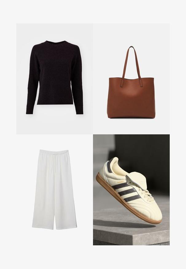 Tmavě šedý pletený svetr s dlouhými rukávy, kulatým výstřihem a žebrovaným lemem. Měkká textilie, jednoduchý design a žádné viditelné vzory nebo detaily.; Bílé kalhoty s širokými nohavicemi vyrobené z lehké tkaniny, s elastickým pasem a stahovací šňůrkou pro nastavitelnou velikost. Hladká textura.; Krémové kožené tenisky se třemi tmavými pruhy, hnědou gumovou podrážkou a zaoblenou špičkou. Mají skládací jazyk s nápisem "SAMBA."; Hnědá kožená taška přes rameno s hladkou texturou, otevřeným designem a dvěma ramenními popruhy. Obsahuje minimální švy a žádné viditelné kovové prvky.