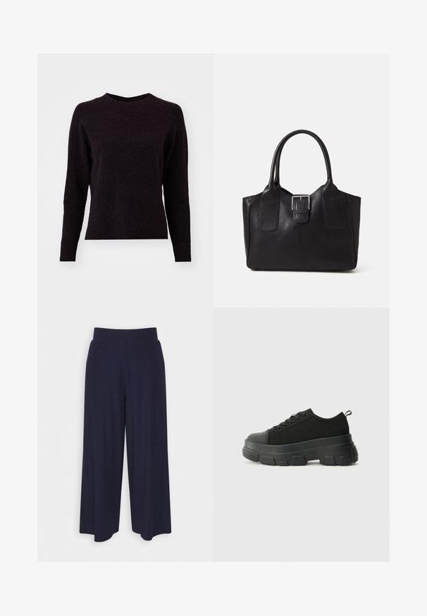 Temno siva pletena majica z dolgimi rokavi, okroglim izrezom in rebrastim robom. Mehka tekstura, preprost dizajn in brez vidnih vzorcev ali podrobnosti.; Široke hlače iz temno modrega blaga z rebrasto teksturo. Imajo gladek pas in tekoč silhueto, ki seže do sredine tele.; Črne teniske z debelim gumijastim podplatom, zgornji del iz teksturirane tkanine, okrogla punta in zavezovanje z vrvicami. Vključujejo ojačane luknje za vrvice in zanko na hrbtu.; Črna usnjena torba s gladko teksturo, strukturirano obliko, dvema ročkama in izrazitim srebrnim sponko na sprednji strani.