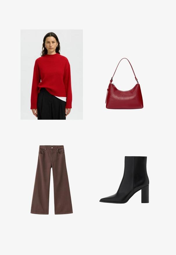 Roter Strickpullover mit hohem Kragen, überschnittenen Schultern und gerippten Bündchen. Über einem weißen Oberteil gestylt, kombiniert mit schwarzen Hosen.; Braune, weite Jeans aus Denim. Verfügt über fünf Taschen, einen Reißverschluss und Metallnieten. Glatte Textur und klassisches Design.; Schwarze Leder-Ankle Boots mit spitzem Zehenbereich, quadratischem Absatz, glatter Textur und Nähten entlang der Nähte. Die Absätze messen ungefähr 8,9 cm.; Rote Leder-Schultertasche mit einem geschwungenen Design, glatter Textur und einem Reißverschluss. Sie verfügt über einen dünnen Henkel zum Tragen.