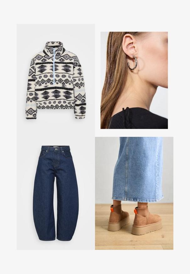Fleece pullover med halv-zip design, der har et geometrisk sort og gråt mønster på en cremefarvet baggrund med lyseblå lynlåselementer.; Even&Odd Petite 2 PACK - Top - light grey/black; Mørkeblå denimjeans med en bred, afslappet pasform. Har lynlås, fire lommer og kontrastsyet syning langs sømmene.; Brune ruskinds platform støvler med elastiske sidepaneler og orange trækstropper, parret med en knælang lys denimnederdel på et trægulv.; Sølv hoop ørestik med en poleret overflade, prydet med små guld accenter og en rund form, båret på øreflippen.