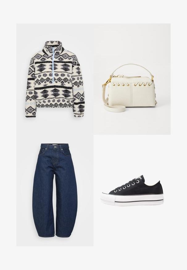 Fleece-pullover med halv-zip-design, med et geometrisk svart og grått mønster på en kremfarget bakgrunn og lys blå glidelåsdetaljer.; Even&Odd Petite 2 PACK - Topper - light grey/black; Mørkeblå høytalende denimjeans med vide ben, frontknap og glidelås, samt klassisk femlommers design.; Svart canvas sneakers med hvit gummisåle, rund tå, lavt design, metalløye og teksturert tåhette. Tynn svart stripe langs sålen.; Hvit faux lær håndveske med glidelås på toppen, kort håndtak og avtakbar crossbody stropp med gulltone hardware. Side snøring detalj.; Sølv ringøredob med en polert finish, med små gull detaljer og en rund form, båret på øreflippen.