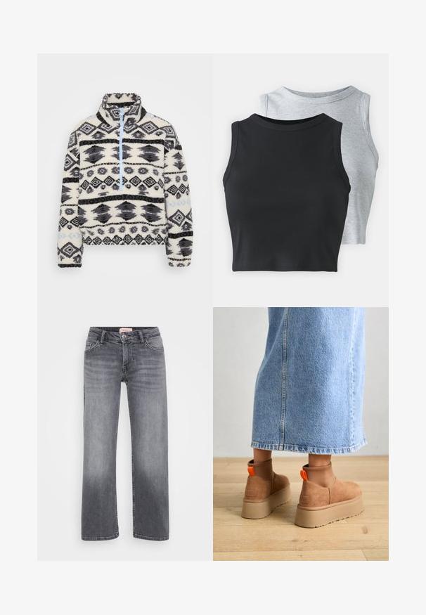 Fleece pulóver félig cipzárral, geometrikus fekete és szürke mintával egy krémszínű háttéren, világoskék cipzár részletekkel.; Even&Odd Petite 2 PACK - Felső - light grey/black; Szürke farmernadrág egyenes szárú dizájnnal, öt zsebes stílussal, enyhe kopással, és gombos derékzárral.; Barna velúr platform csizmák elasztikus oldalsó panelekkel és narancssárga húzófülekkel, amelyek egy térdközépig érő világoskék farmer szoknyával vannak párosítva egy fás padlón.