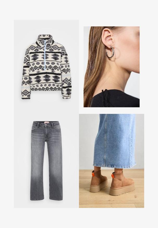 Fleece pulóver s polovičným zipsom, ktorý má geometrický čierny a šedý vzor na krémovom pozadí a svetlomodré detaily zipsu.; Sivé džínsy s rovnými legami, pätkový strih, jemné vyblednutie a gombíkový uzáver v páse.; Hnedé zamskové platformové čižmy s elastickými bočnými panelmi a oranžovými ťahákmi, v kombinácii s sukňou z ľahkého denimu po kolená, na drevenej podlahe.; Strieborná kruhová náušnica s lesklým povrchom, obsahujúca malé zlaté akcenty a okrúhly tvar, nosená na lalôčiku ucha.