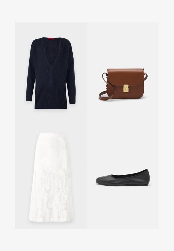 Pull en maille bleu marine à manches longues avec un décolleté en V profond. Présente une texture côtelée et une coupe décontractée. Aucun accessoire ou motif notable.; Jupe midi en tricot blanche présentant un motif texturé avec des lignes verticales et des découpes près de l'ourlet. Taille élastique. Matériau doux.; Ballerines en cuir noir avec un bout rond, texture lisse, détails de couture minimalistes et design de semelle flexible.; Sac à main en cuir marron avec une fermeture à rabat, des accents en métal doré, une bandoulière et une texture lisse. Forme rectangulaire compacte.
