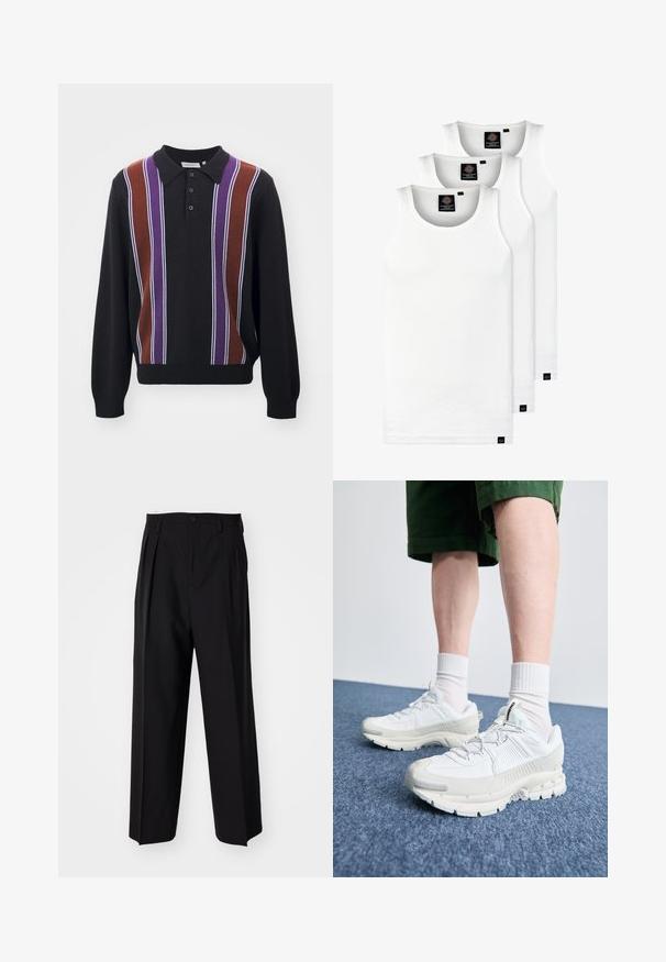 Pulover polo negru cu mâneci lungi, având dungi verticale în nuanțe de mov, maro și alb. Guler cu nasturi și tiv drept.; Trei maieuri albe ribbate din bumbac. Au un guler rotund și etichete negre mici lângă tiv. Disponibile în mai multe mărimi.; Pantaloni negri plisat cu un design drept și pantaloni largi. Construiți dintr-un material neted, prevăzuți cu închidere cu nasture și bucle pentru curea.; Pantofi sport albi cu suprapuneri texturate, talpă masivă și accente gri. Purtați cu șosete albe până la glezne și pantaloni scurți verzi pe o suprafață albastră.