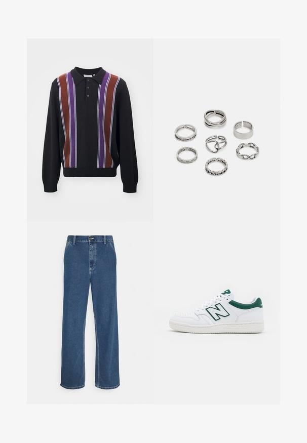 Svart polo-genser med lange ermer, dekorert med vertikale striper i lilla, brun og hvit. Knappestolpe og ribbestrikket kant.; Blå denimjeans med rett snitt, fem-lomme design, metallknapp-lukking og synlig søm langs sømmer og kant.; Hvit sneaker med grønne detaljer, lærøvre, perforert tå, snøring og teksturert gummisåle. Har et fremtredende "N"-logo.; Sett med sju sølvringer med forskjellige design, inkludert vridde, sammenkoblede og gravyrmønstre. Ulike former og bredder.