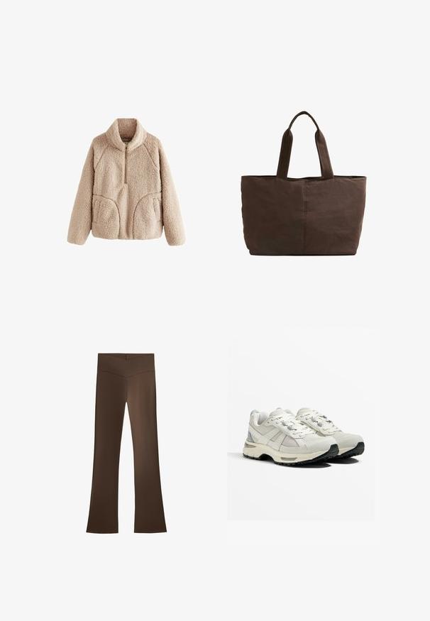 Maglione in pile di un beige chiaro con colletto alto, mezza zip frontale e due tasche anteriori; presenta un tessuto morbido e texturizzato.; Pantaloni a zampa d'elefante marroni con una vita alta caratterizzati da un design incrociato. Realizzati in un materiale liscio e elasticizzato per comfort e vestibilità.; Scarpe da corsa leggere in beige e grigio. Parte superiore in mesh, suola in gomma, lacci con occhielli rinforzati e un accento testurizzato sul tallone.; Borsa a tracolla in tessuto marrone con due manici robusti, forma rettangolare, dettagli di cucitura minimi e una texture liscia.