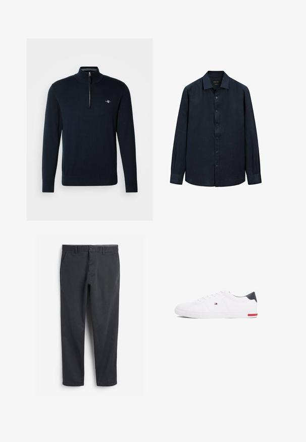 Pullover di maglia blu navy con colletto a mez zip, polsini a coste e piccolo logo ricamato sul petto. Tessuto liscio, vestibilità casual.; Camicia a maniche lunghe avanguardistica di colore blu navy realizzata in lino, con colletto a punta, pattina frontale e polsini. Presenta una texture sottile e un design leggero.; Chinos grigio scuro con fronte piatto, tasche laterali e chiusura con bottone. Tessuto di cotone liscio, design con gamba affusolata e stile minimalista.; Sneakers bianchi a punta bassa realizzati in pelle liscia. Presentano una tomaia blu navy sul tallone e un accento rosso sulla suola. Sei occhielli per i lacci.