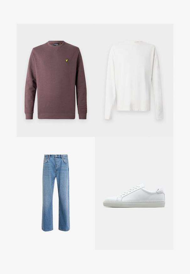 Maroon sweatshirt made of cotton, featuring a crew neck, long sleeves, and a yellow bird logo on the left chest. Simple design, solid color.; Long-sleeved white cotton shirt with a round neckline, side slits at the bottom, and a smooth texture, displayed from the back.; Light blue denim jeans with a straight-leg design, five pockets, button closure, minimal fading, and contrasting stitching details.; White sneaker with a smooth leather upper and a low profile. Features a rounded toe, six eyelets, and a textured rubber sole.