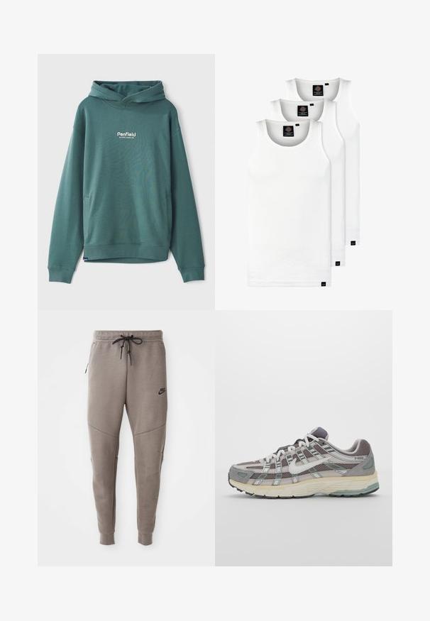 Žalia gobtuvė, pagaminta iš medvilnės mišinio, su priekyje esančia kišenė, raštuotais rankogaliais ir siuvinėta balta logotipu ant krūtinės.; Trys balti, dryžuoti marškiniai be rankovių, pagaminti iš medvilnės. Yra apvalus kaklas ir maži juodi etiketės netoli siūlės. Siūlomi įvairių dydžių.; Pilkos Nike kelnės su raišteliu liemenyje, siaurėjančiomis kojomis, šoninėmis kišenėmis ir išskirtiniais siūlų detalėmis. Minkšta, tekstūruota medžiaga.; Pilkas sportinis batas su tinklu ir zomšos viršutine dalimi, baltomis detalėmis, paminkštintu padu ir išskirtiniu dizainu su atspindinčiais elementais.