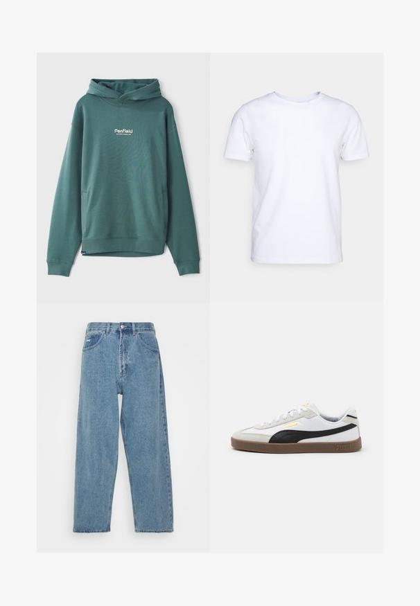 Grüner Kapuzenpullover aus einem Baumwoll-Mix, mit einer Fronttasche, elastischen Bündchen und einem gestickten weißen Logo auf der Brust.; Weißes T-Shirt mit kurzen Ärmeln aus Baumwollstoff und rundem Halsausschnitt. Schlichtes Design ohne Muster oder Akzente. Glatte Textur.; Hellblaue Denim-Jeans mit hoher Taille und lockerer Passform, ausgestattet mit zwei vorderen Taschen, einer hinteren Aufsatztasche und einem Knopfverschluss.; Weiße Ledersneaker mit schwarzen Wildlederakzenten, runde Zehen, flache braune Gummisohle und geprägt goldenen Logo an der Seite. Schnürsenkel und gepolsterter Kragen.
