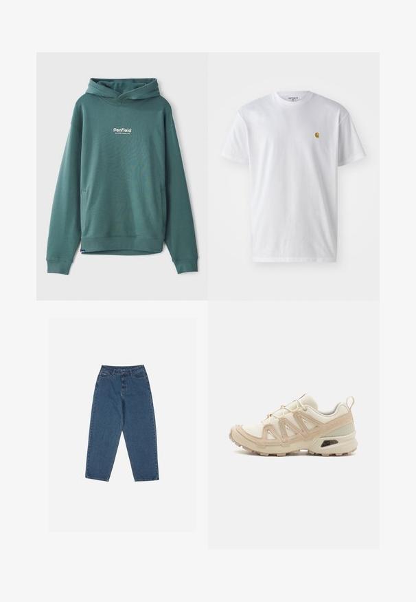 Zaļa kapuce ar džemperi, izgatavota no kokvilnas maisījuma, ar priekšējo kabatu, ribotiem piedurknēm un izšūtu baltu logotipu uz krūtīm.; Balta kokvilnas t-kreklu ar īsām piedurknēm, apaļu kakla izgriezumu, ar mazu zelta logotipu kreisajā krūšu pusē. Mīksta tekstūra un regulāra piegriezuma.; Zilā džinsu auduma bikses ar brīvu piegriezumu, augstu jostasvietu, piecu kabatu dizainu un šuvju akcentiem. Iekļauts pogu un rāvējslēdzēja aizdare.; Beige un krēma sporta apavi ar strukturētu tīkla virsmu, atbalstošajiem slāņiem un gumijas zoli ar protektoru rakstu, kas nodrošina saķeri.