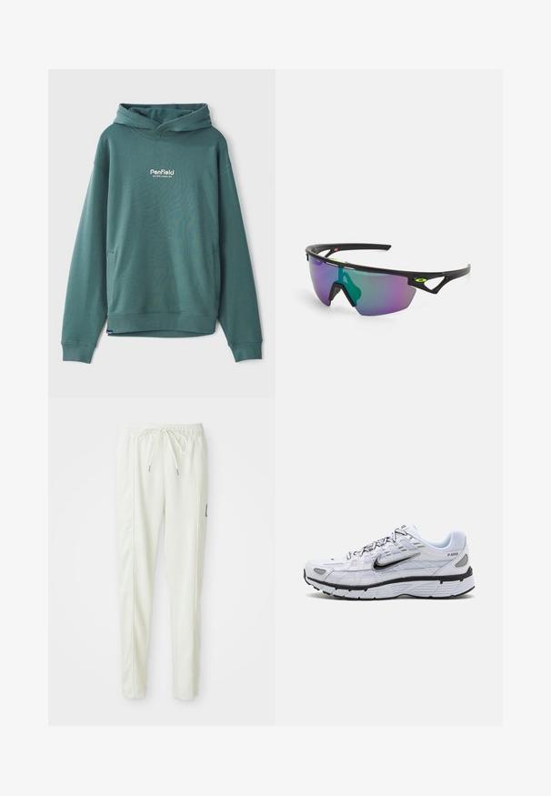 Zeleno kapuco z žepom spredaj, narejeno iz mešanice bombaža, z rebrastimi manšetami in izvezenim belim logotipom na prsih.; Beli ožji jogger hlače s prilagodljivim pasom in vrvico, z bočnimi šivi in majhnim črnim patcheom na desni nogi.; Bela tekaška obuvala z mrežastim zgornjim delom, zaobljenim prstom, črnimi detajli in vzorčnim podplatom. Ima vezalke in blagovno znamko na strani.; Športne sončna očala z črnim okvirjem, velikimi gradacijskimi lečami v vijoličnih in zelenih odtenkih ter oglatimi oblikovnimi poudarki z logotipom.