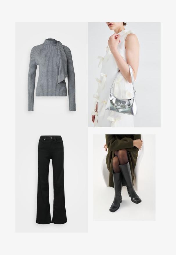 Szürke bordázott kötött pulóver magas nyakkal és leomló sál részlettel. Hosszú ujjak és testhezálló sziluett, texturált anyaggal.; Fekete, trapéz szabású farmernadrág, magas derékkal, öt zsebbel és fémből készült gombos zárással. Simább textúrájú, minimális díszítéssel.; Térdfelett érő fekete bőr csizmák négyzet alakú orral és tömbtalppal, olajzöld kabátban ülő modellel bemutatva. Simaság, minimalista részletezés.; Ezüst fémes kézitáska, struktúrált formával, felső fogantyúval és masnis részlettel az elején. Simaságával és fényes felületével tűnik ki.
