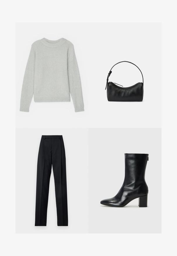 Gai pelēks adīts džemperis ar ribotu apaļu kakla izgriezumu un ribotām piedurknēm. Klasiskais piegriezums un mīksta tekstūra, nav redzamu rakstu vai dizainu.; Melnas bikses, izgatavotas no gludas auduma, ar augstu vidukli, platiem bikšu galdniekiem, priekšējiem krokām un klasiskām jostu cilpām. Sānu kabatas nav redzamas.; Melna ādas potītes zābaks ar norādītu purngalu un 4 cm bloku papēdi. Gluds dizains ar sānu rāvējslēdzēju vieglai uzvilkšanai. Gluda tekstūra.; Melna ādas plecu soma ar izliekumu, ar rāvējslēdzēju un šauru siksniņu. Iespējas gluda tekstūra un smalki šuvumi.