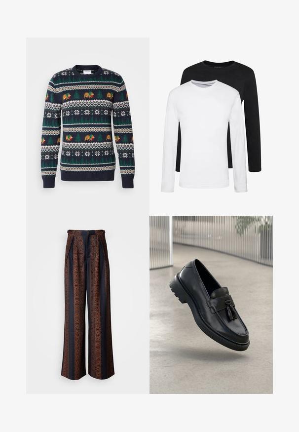 Mørkeblå strikkegenser med et julemønster med bjørner, trær og snøfnugg i grønt, brunt og hvitt. Ribbestrikkede mansjetter og nederkant.; To lange ermer, en sort og en hvit, laget av bomull med rund hals og en glatt tekstur, vist i en stablet oppstilling.; Vide benbukser i mørkeblå stof med et indviklet orange geometrisk mønster, med plisseret front og en tætsiddende talje. ; Svarte skinnloafers med jevn finish, dekorativ dusk, tykk gummisåle og syede detaljer. Lettvektig og elegant design.