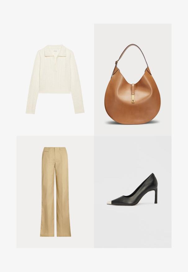 Kreminės spalvos sutrumpintas megztinis su pintu raštu, plačiu apykakle ir raukšlėtomis rankovėmis. Pagamintas iš minkštos, tekstūruotos medžiagos.; Kreminės spalvos plačios kojos kelnės, pagamintos iš lygaus medvilnės, su klasikiniu juosmeniu ir užpakaline kišenėle, tiesiu kirpimu ir minimaliu dekoru.; Juodas odinis aukštakulnis batelis su smailia nosimi ir metaliniu sidabriniu galiuku. Turi lygų paviršių ir ploną 10 cm kulną.; Ruda odinė rankinė kreivai formai su plačiu petiniu diržu. Pabrėžia auksinį metalinį akcentą centre ir lygų paviršių.