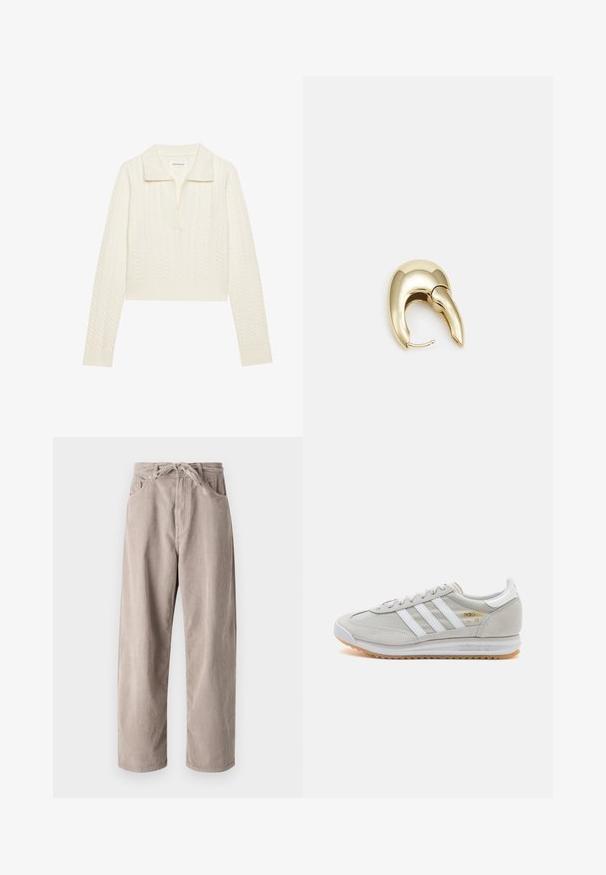 Kort tröja i krämfärg med ett kabelstickat mönster, bred krage och ribbad mudd. Tillverkad av mjukt, strukturerat tyg.; Beigefärgade kordflorsebyxor med lös passform, med dragsko i midjan, två framfickor och vertikal ribbad textur.; Ljusgrå sneaker i mocka och mesh, med tre vita ränder, rund tå och en sula av gummi. Guldlogotyp som accent vid snörningen.; Örhänge i guldtonad metall med en elegant, böjd design. Har en distinkt spetsig form, polerad yta och gångjärnslås.