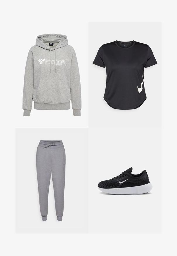 Światło szara bluza z kapturem wykonana z miękkiego materiału. Posiada kieszeń typu kangur, kaptur ze sznurkiem oraz biały nadruk logo z przodu. Projekt rękawów raglanowych.; Czarny sportowy t-shirt z krótkim rękawem, z białym logo Nike w kształcie Swoosh na dolnej stronie i okrągłym dołem.; Szare, zwężane dresy z elastycznym paskiem w talii, ściągaczami u dołu nogawek i subtelnym logo Nike na lewym udzie. Miękka, teksturowana tkanina.; Czarne buty sportowe z siateczkową cholewką, teksturowanym wzorem, okrągłym czubkiem, białą gumową podeszwą oraz logo Nike po boku.