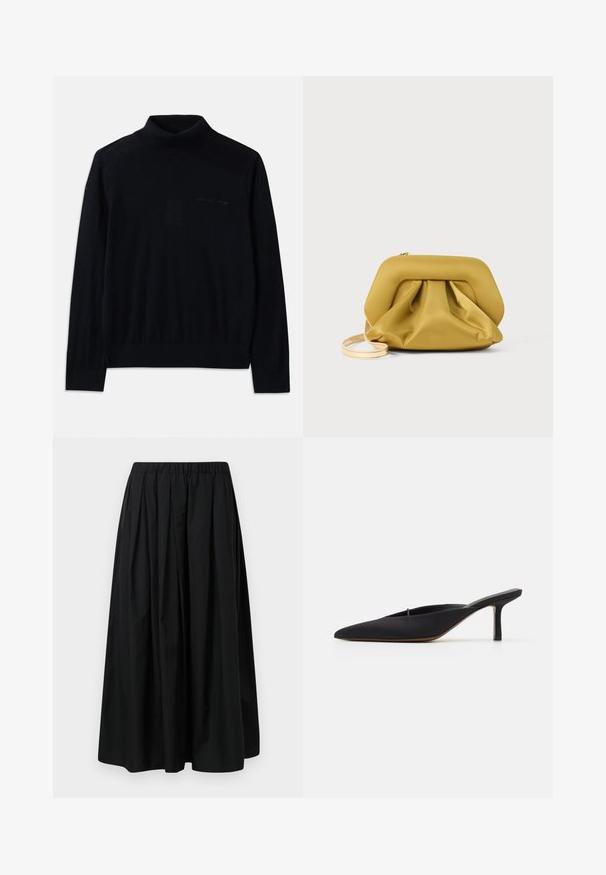 Zwarte coltrui van zachte stof, met lange mouwen en een subtiele geborduurde logo op de voorkant. Eenvoudig ontwerp met geribbelde zomen.; Zwarte geplooide rok van lichtgewicht stof met een elastische tailleband. Vloerlange rok met een gladde textuur en een minimalistisch ontwerp.; Zwarte muiltje met spitse neus en een strak ontwerp, gemaakt van gladde stof, met een slanke hak en open achterkant voor gemakkelijk aan- en uittrekken.; Geel, zacht aanvoelend clutch-tas met een gestructureerde bovenkant, een geplooide onderkant en een dunne, afneembare schouderband. Ritssluiting aan de bovenkant.