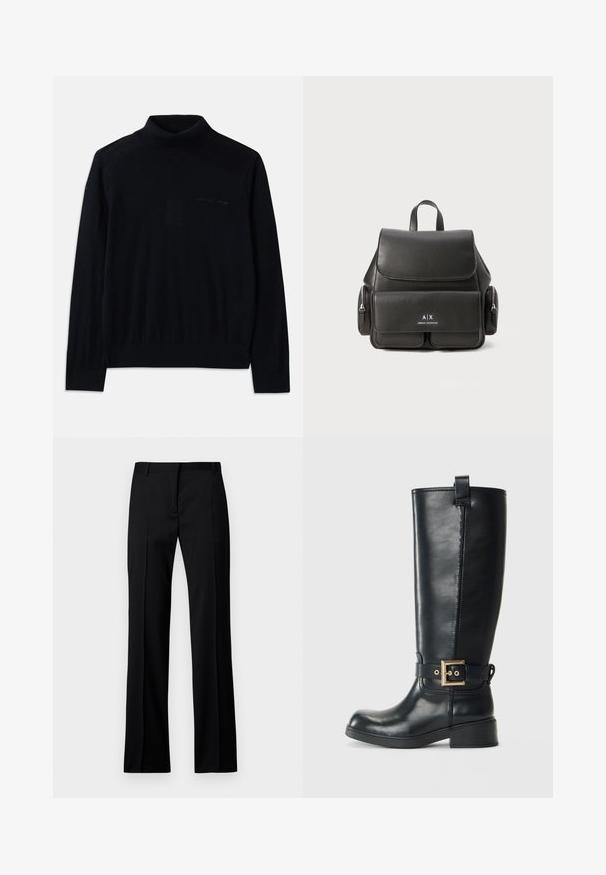 Schwarzer Rollkragenpullover aus weichem Stoff, mit langen Ärmeln und einem dezenten aufgestickten Logo auf der Vorderseite. Einfaches Design mit gerippten Abschlüssen.; Schwarze gerade geschnittene Hosen aus glattem Stoff, mit flachem Bund, Gürtelschlaufen und ohne sichtbare Taschen oder Verzierungen.; Schwarze knöchelhohe Lederstiefel mit niedrigem Blockabsatz, dekorativem goldenen Schnallenriemen um den Knöchel und einer Zuglasche an der Oberseite.; Schwarzer Leder-Rucksack mit Klappenverschluss, Fronttasche, seitlichen Reißverschlusstaschen und einem oberen Griff. Mit Logodetails auf der Vorderseite.