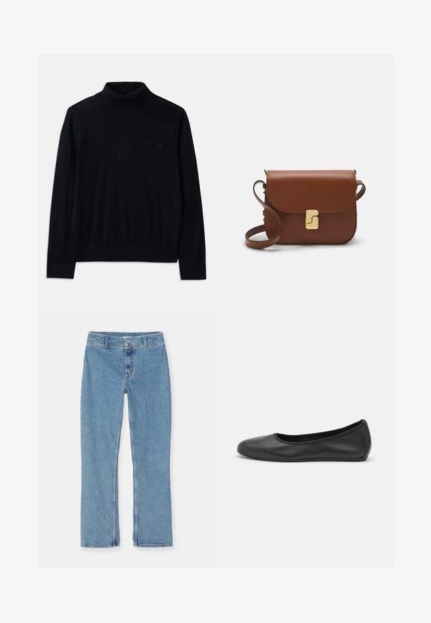 Fekete garbó pulóver puha anyagból, hosszú ujjakkal és diszkrét hímzett logóval az elején. Egyszerű design bordás szegéllyel.; Világoskék egyenes lábú farmernadrág gombos és cipzáras záródással, övhurkokkal és alap varrással fehér háttérrel.; Fekete bőr balettcipő lekerekített orral, sima tekstúrával, minimális varrással és rugalmas talp kialakítással.; Barna bőr kézitáska, hajtókás zárással, arany színű fém kiegészítőkkel, vállpánttal és sima felülettel. Kompakt téglalap alakú.