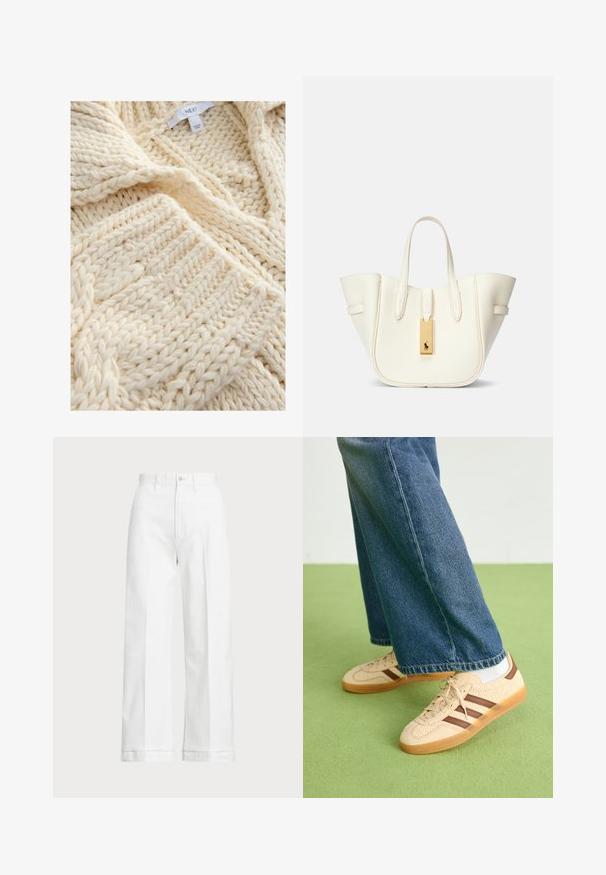 Krém színű kötött kardigán, vastag fonallal, bordázott mintával és sállal gallérral. A címke "NEXT" feliratot visel, ami a márkára utal.; Fehér, bő szárú nadrág magas derekú szabással, gombos záródással és diszkrét varrási részletekkel. Pamutból készült, sima tapintással.; Beige sportcipők textúrált krém színű panelek és barna csíkok részletezésével, kék farmernadrággal párosítva. A farmer széles szárú és rojtos szegéllyel rendelkezik.; Fehér bőr táska strukturált formával, kiemelkedő varrásokkal, arany színű fém címkével és dupla fogantyúkkal. Texturált felület oldalzsebekkel.