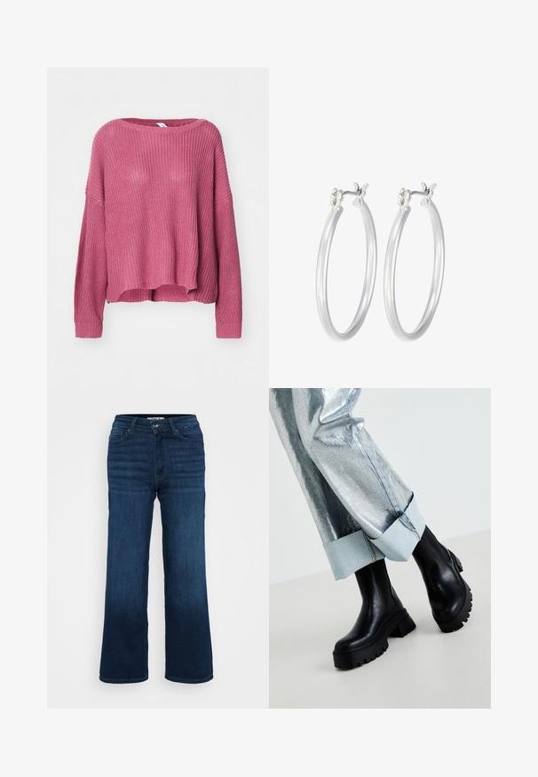 ONLY ONLHILDE LIFE - Neule - mesa rose; ONLY Petite ONLMADISON BLUSH WIDE - Leveälahkeiset - dark blue denim; Mustat, tukevarakenteiset nilkkasaappaat, joissa on teksturoidut pohjat, yhdistettynä hopeisiin metallinvärisiin housuihin, joissa on vaaleansiniset farkkuvarret. Minimalistinen muotoilu, tyylikkäät materiaalit.; Hope-silver rengas, joissa on sileä ja kiillotettu pinta. Pyöreä muoto ja turvallinen napsautettava lukitus. Kevyt muotoilu sopii päivittäiseen käyttöön.