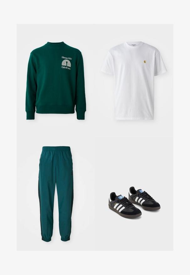 Sweatshirt verde com gola redonda canelada, mangas longas e logótipo bordado no peito com texto e design em arco. Tecido em mistura de algodão.; T-shirt branca de algodão com mangas curtas, decote redondo, apresentando um pequeno logótipo dourado na área do peito esquerdo. Textura macia e ajuste regular.; Calças de treino em teal com cintura ajustável por cordão, punhos elásticos e riscas pretas laterais. Fabricadas em tecido leve, apresentam um logótipo perto do quadril.; Sneakers pretos com parte superior em camurça e sintético, apresentando três riscas brancas, sola de borracha texturizada e etiqueta azul no linguete.