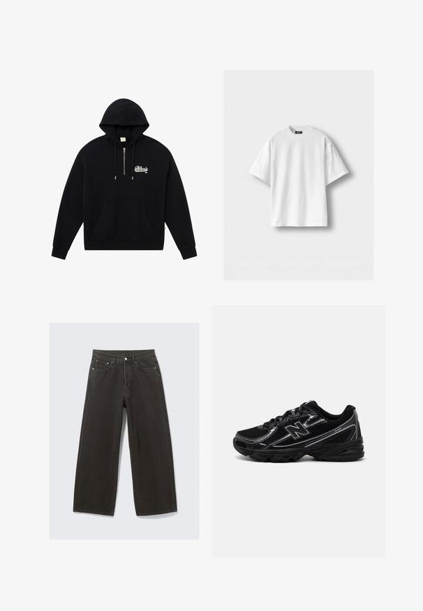 Melna kapuce ar priekšējo kabatu, ar rāvējslēdzēju pie kakla un izšūtu "Blkrls NY" logo baltā krāsā. Izgatavota no mīkstas auduma, ar ribotu piedurkņu malām.; Balts kokvilnas T-krekls ar īsām piedurknēm, apaļu kakla izgriezumu un brīvu piegriezumu. Gluda tekstūra, bez rakstiem vai akcentiem.; Olive zaļa jaku no kokvilnas ar pogu priekšpusi, uzsistām apkaklēm un četriem kabatām. Iespējo relaksētu piegriezumu un mīkstu tekstūru.; Plati melni džinsi ar augstu jostas daļu, piecu kabatu dizainu un pogu aizdari. Audums ir mīksts un ar teksturētu apdari.; Melnas sporta kurpes ar acs materiālu augšdaļu, sudraba akcentiem, mīkstu zoli un auklām. Iespējams, apaļš purngalis un strukturēta zole.