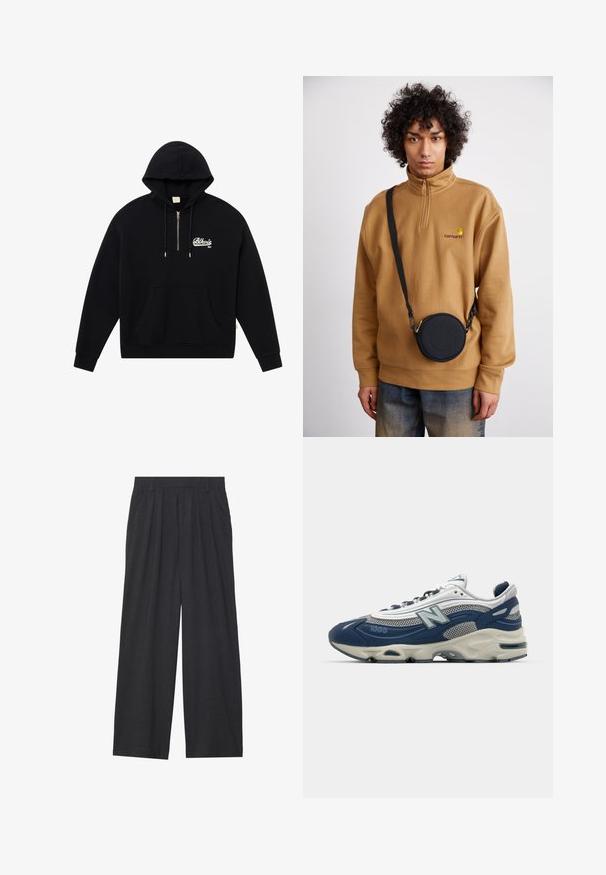 Schwarzer Hoodie mit einer vorderen Kängurutasche, Reißverschluss am Hals und gesticktem "Blkrls NY" Logo in Weiß. Aus weichem Stoff gefertigt, mit gerippten Bündchen.; Weit geschnittene Hosen aus dunkelgrauem Stoff. Merkmale sind Falten an der Taille, ein maßgeschneiderter Schnitt und eine gerade Silhouette.; New Balance 1000 Sneaker in Marineblau und grauem Mesh, mit gepolsterter Sohle, strukturierten Akzenten und markantem Logo an der Seite.; Braunes Fleece-Sweatshirt mit Viertelreißverschluss und gesticktem Logo, kombiniert mit einer schwarzen runden Umhängetasche mit Reißverschluss und Logodetails, getragen über einer Jeans.