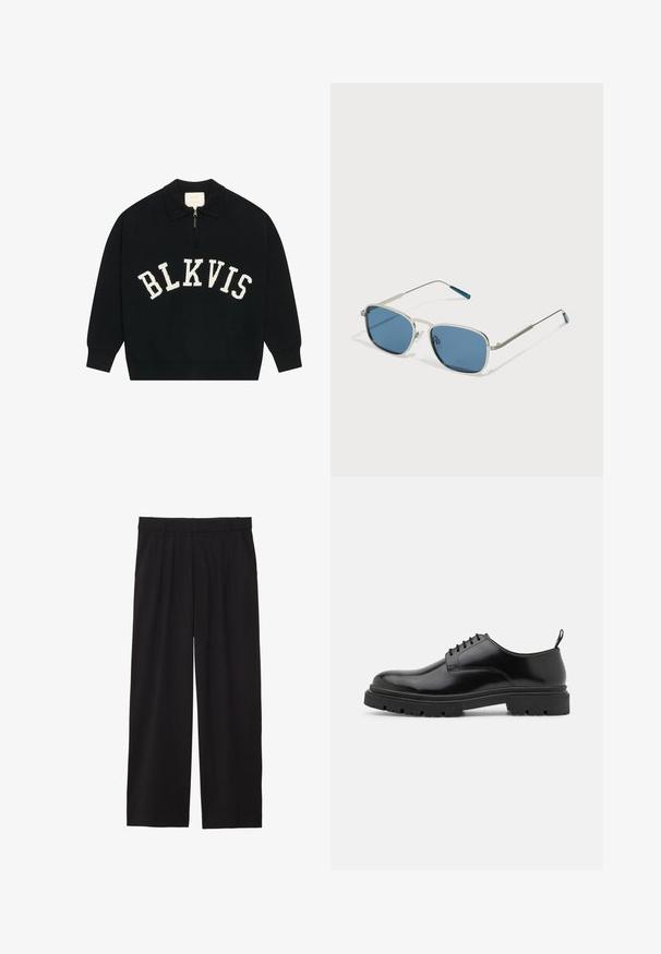 Black knit sweater with a zip collar, featuring white "BLKVIS" lettering across the front. Ribbed cuffs and hem. Textured fabric finish.; Black wide-leg trousers with a pleated front, side pockets, and a smooth fabric texture. Designed for a relaxed fit.; Black leather lace-up shoes with a rounded toe, smooth texture, and ridged rubber sole. Features a small heel and a pull tab at the back.; Sunglasses with a silver metal frame, rectangular blue lenses, and thin arms. Features blue accents on the temple tips.