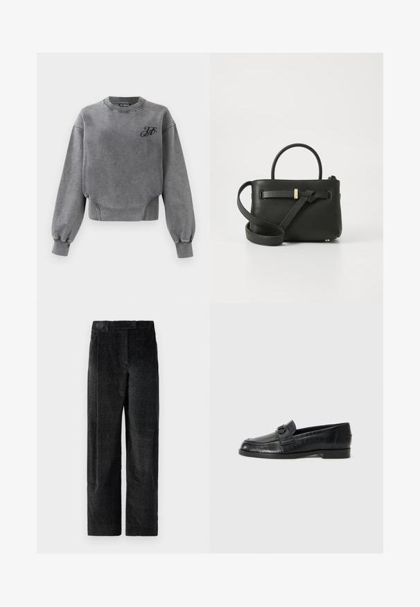 Sudadera gris con mangas largas, cuello acanalado y puños elásticos. Presenta un pequeño logo negro en el pecho y un diseño de corte relajado.; Pantalones de pierna ancha texturizados en negro con un tejido pronunciado, que presentan pliegues frontales y una cinturilla plana. Diseño clásico para versatilidad.; Mocasines de cuero negro con una parte superior lisa, patrón lineal en relieve y un acento de hebilla decorativa en el empeine. Tacón bajo y cuadrado.; Bolso de mano de cuero negro con un acabado texturizado, asas superiores y una correa larga ajustable. Presenta un acento de hardware en tono dorado en la parte frontal.