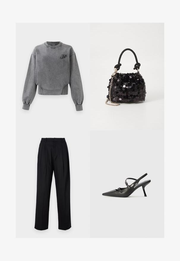 Sivé mikina s dlhými rukávmi, rebrovaným výstrihom a elastickými manžetami. Obsahuje malé čierne logo na hrudi a má voľný strih.; Čierne nohavice s presne tvarovaným strihom, s vysokým pásom, skladačkami a rovným strihom nohavíc. Vyrobené z hladkej látky v jednej farbe.; Čierne kožené slingback topánky na vysokom podpätku s ostrou špicou, štíhlym podpätkom a dekoratívnym detailom s prackou na priehlavku. Hladká textúra a elegantný dizajn.; Čierna mini kabelka so štrasom, s uzlovým textúrovaným popruhom a strieborným reťazom. Guľatý tvar s riaseným vrchom a reflexnými detailmi.